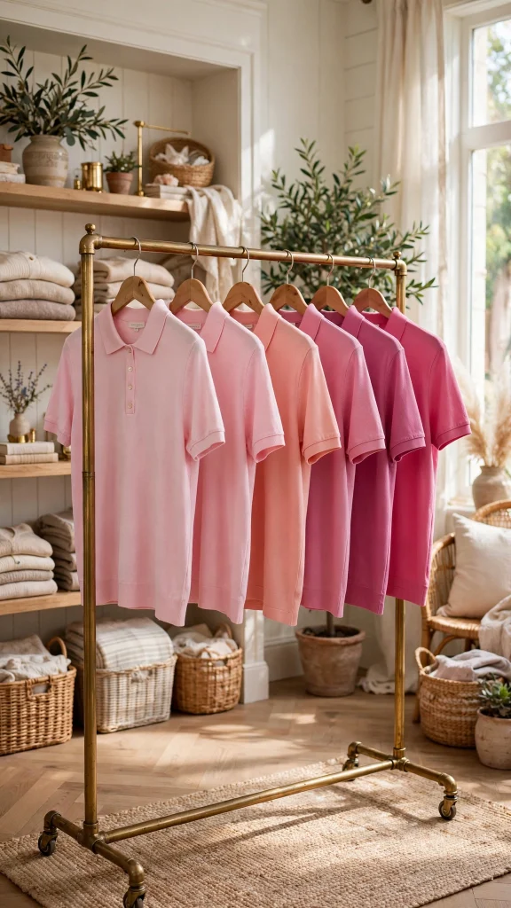 17 Best Wallpaper Pink Polos for a Cute Preppy Phone 15 Row of pink polo shirts in different shades on a clothing rack