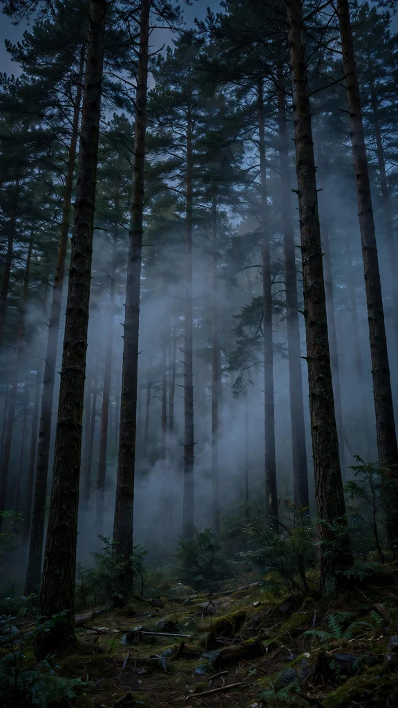 Dark pine forest at dusk with fog wallpaper iphone dark