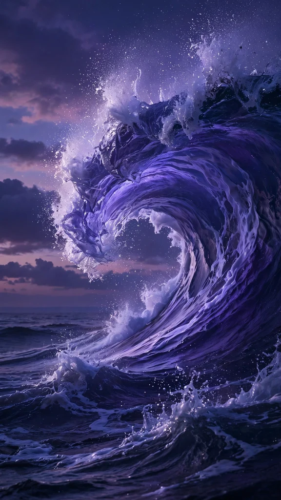 Purple ocean wave curling at twilight