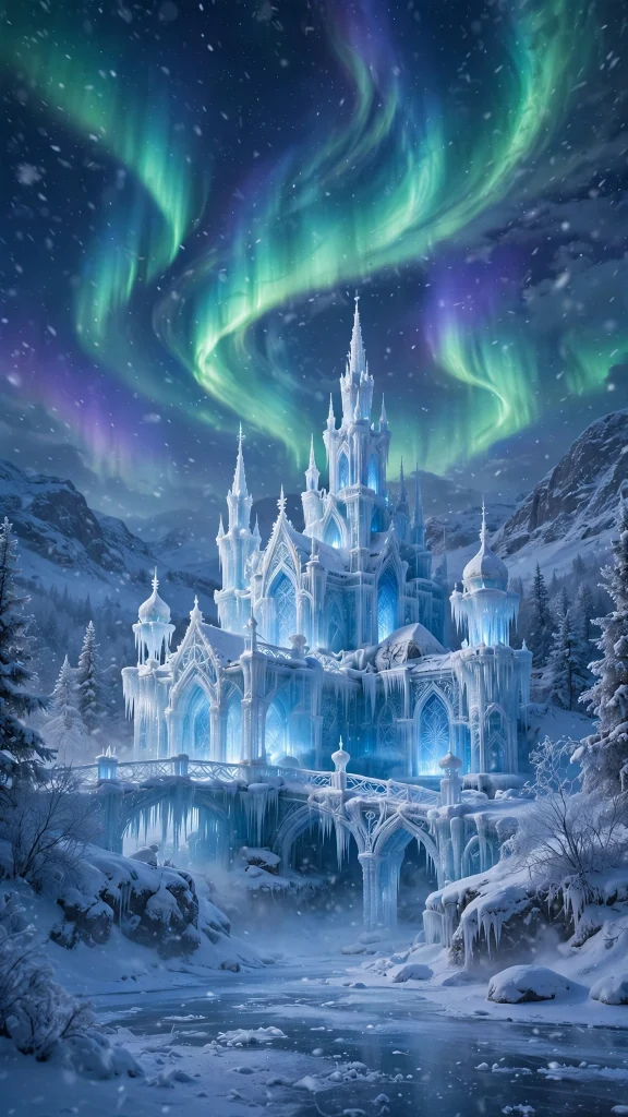 Shimmering ice palace with aurora borealis above