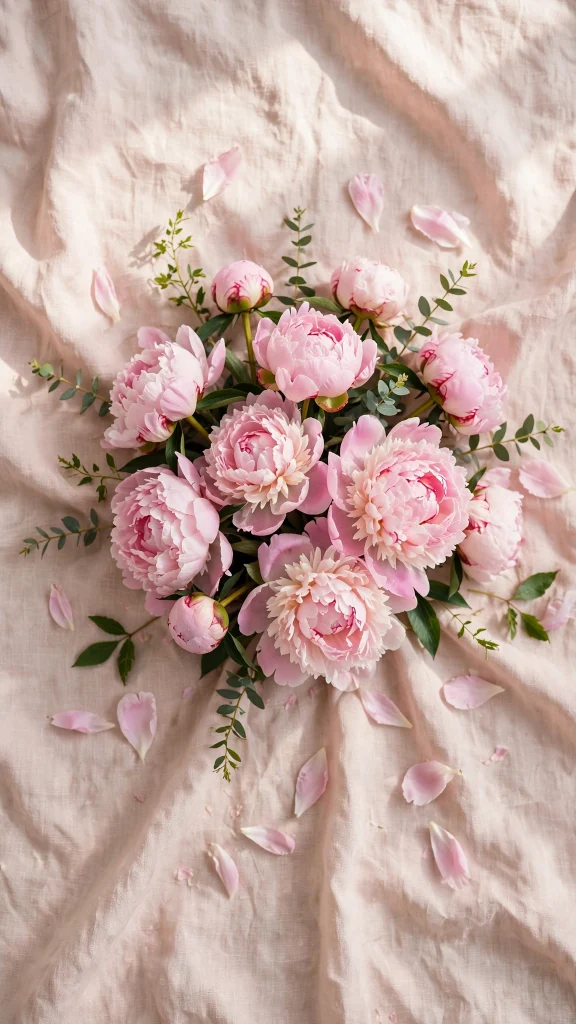 Pink peonies bouquet on blush linen in soft natural light