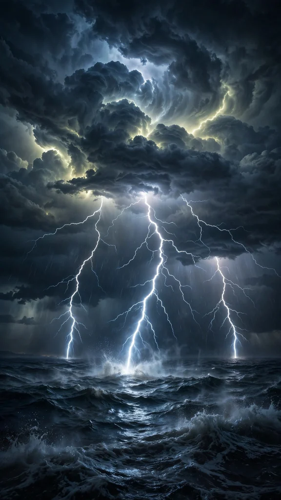 Lightning storm over a dark ocean wallpaper