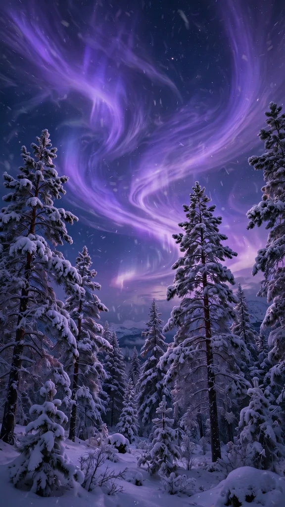 Purple aurora over snowy pine trees wallpaper