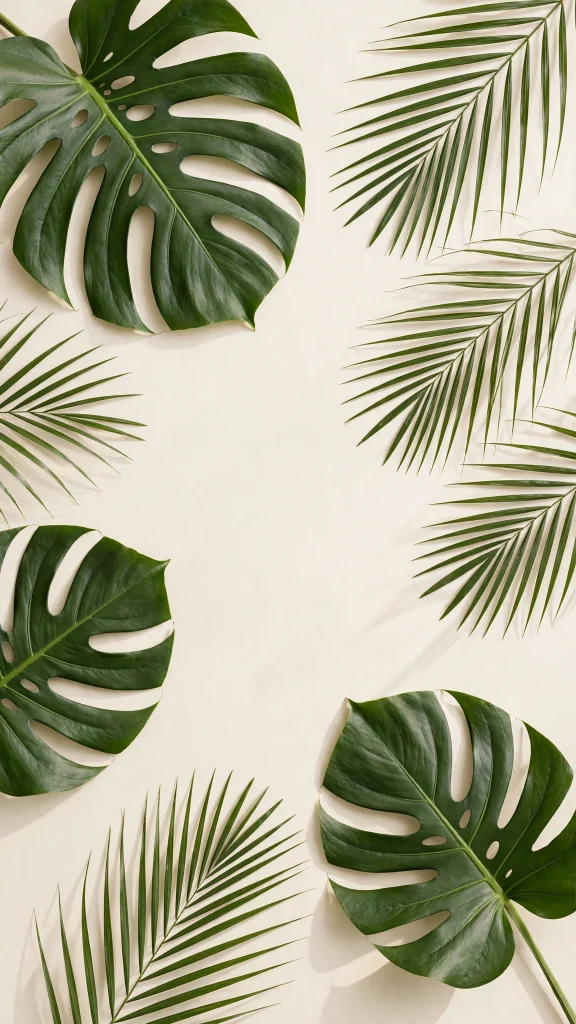 Monstera and palm leaves on a cream background, wallpaper aesthetic summer