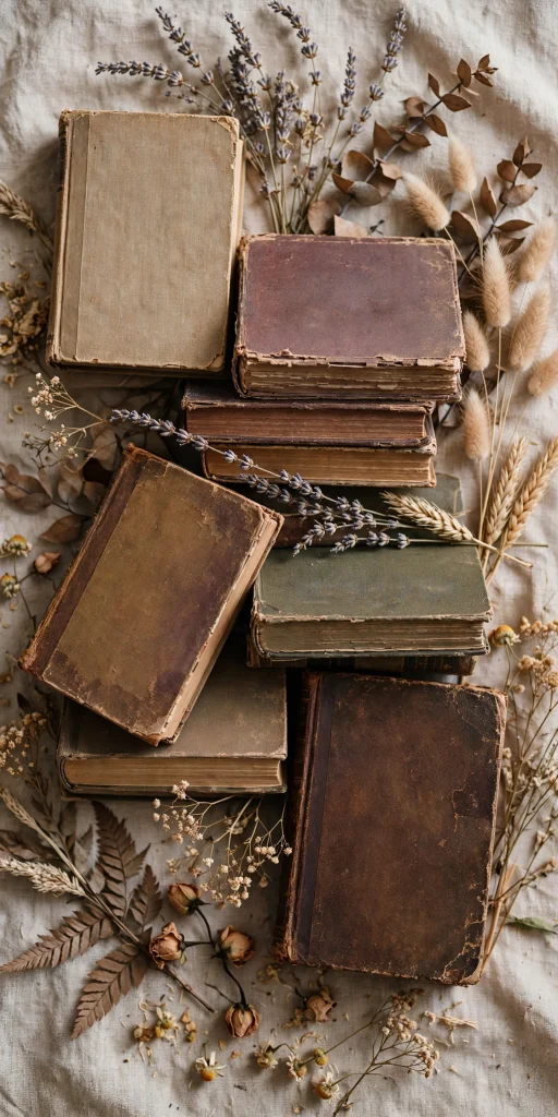 17 Best Wallpaper Aesthetic Desktop Ideas to Try 4 vintage books stack aesthetic flat lay