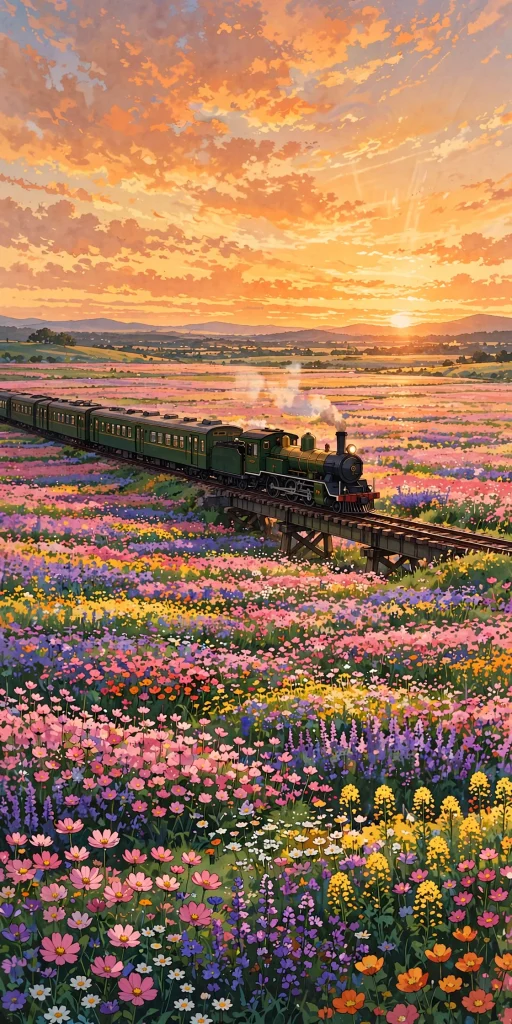 17 Beautiful Wallpaper Backgrounds Anime for Screens 15 Anime train crossing a flower field at sunset