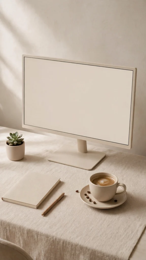 minimal desk setup monitor coffee beige computer wallpaper