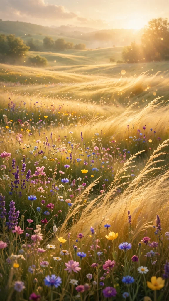 golden meadow full of colorful wildflowers