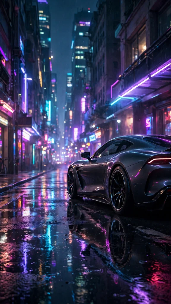 Wallpaper iPhone Car: 17 Stunning Auto Designs 8 Car in a neon lit city street at night