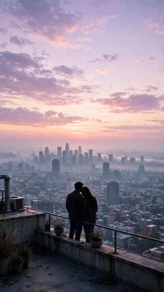 17 Best wallpaper aesthetic couple Ideas for You 4 Silhouette of a couple on a rooftop at sunrise, pastel lavender-pink sky
