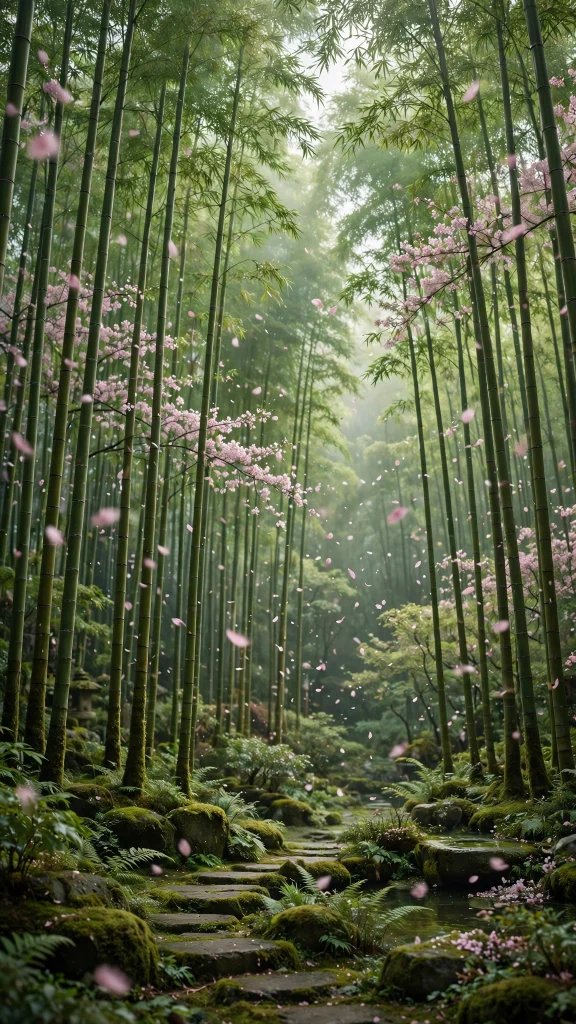 17 Fresh wallpaper pink and green for Your Phone 9 green bamboo forest with drifting pink cherry blossoms