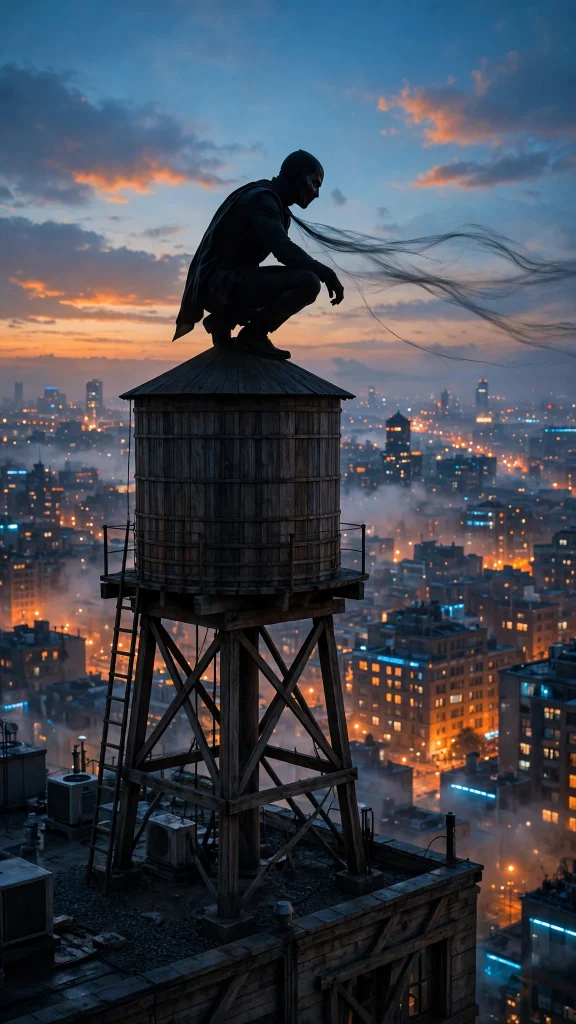 17 Cool Wallpaper Iphone Spiderman Ideas 4 Crouching hero silhouette on rooftop water tower at dusk