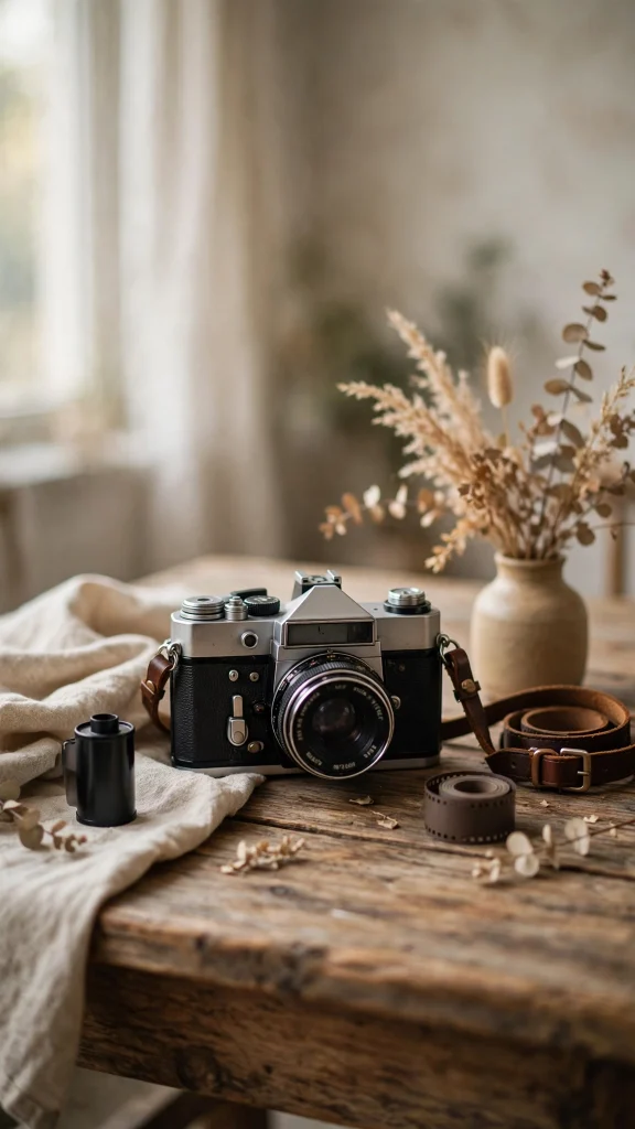 Walpaper Estetik iPhone: 17 Aesthetic Designs 14 vintage film camera wooden table walpaper estetik iphone