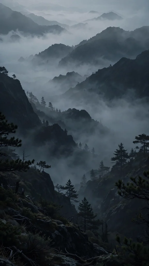Dark mountain silhouettes in fog