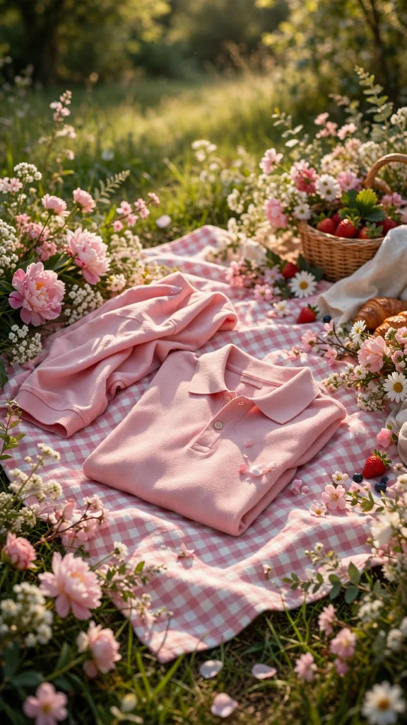 17 Best Wallpaper Pink Polos for a Cute Preppy Phone 11 Cozy picnic scene with a pink polo shirt on a gingham blanket with flowers