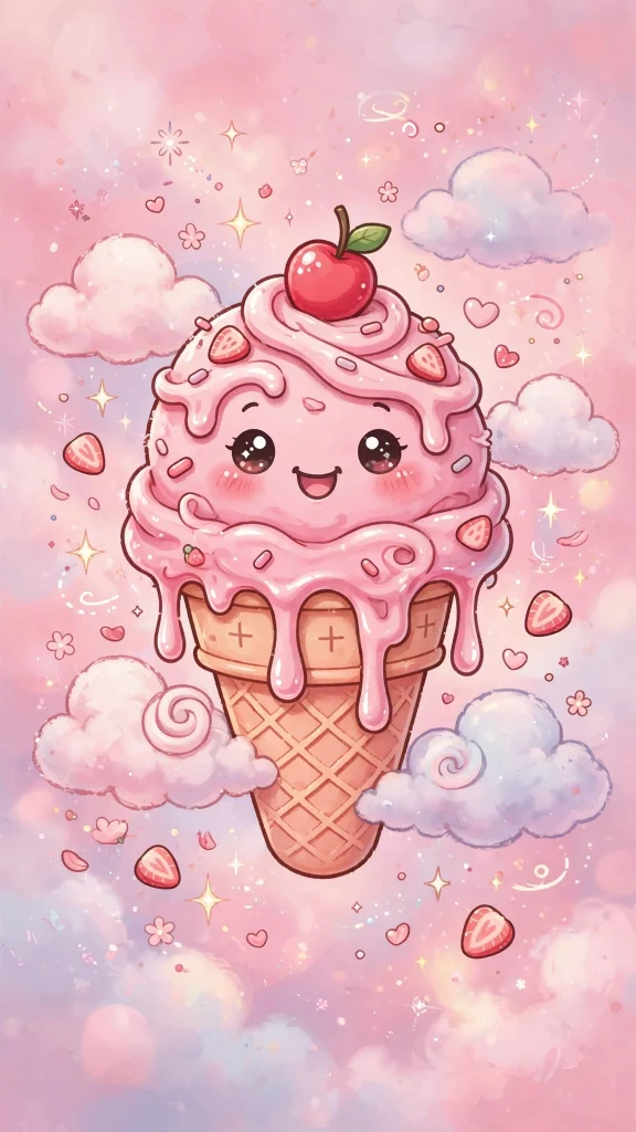 17 Cute Wallpaper Pink Lucu Ideas for Your Phone 9 Pink strawberry ice cream cone with a cherry on top