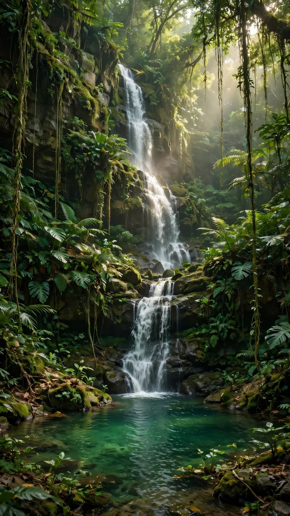 Waterfall cascading through a lush jungle