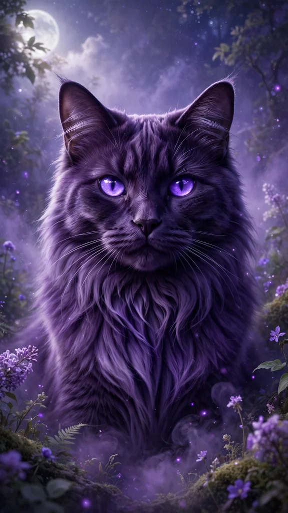 Purple cat with glowing violet eyes in moonlight
