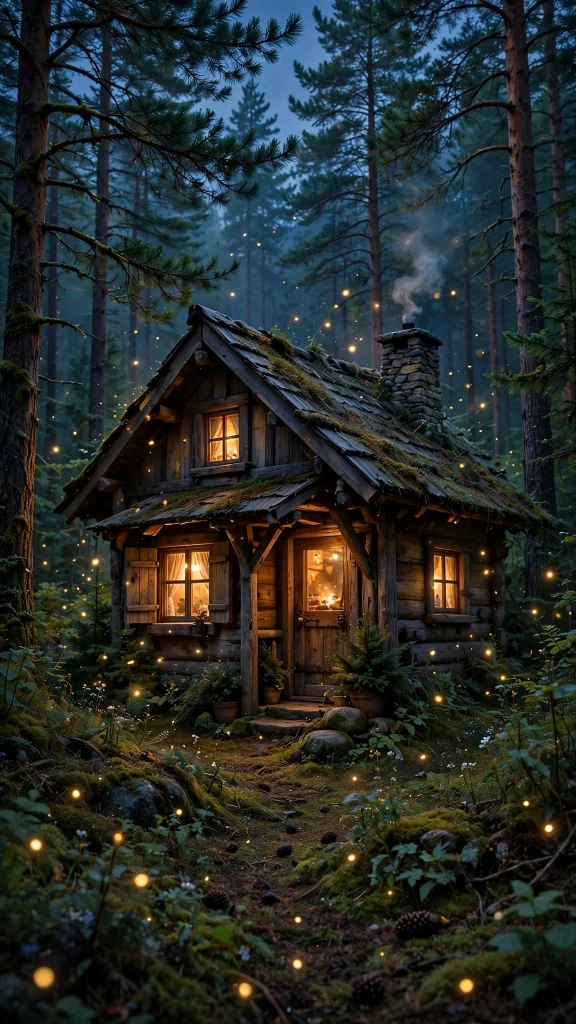 Cozy storybook cottage with glowing windows in a pine forest