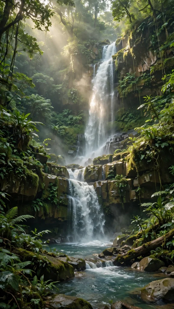 Waterfall cascading through lush green jungle