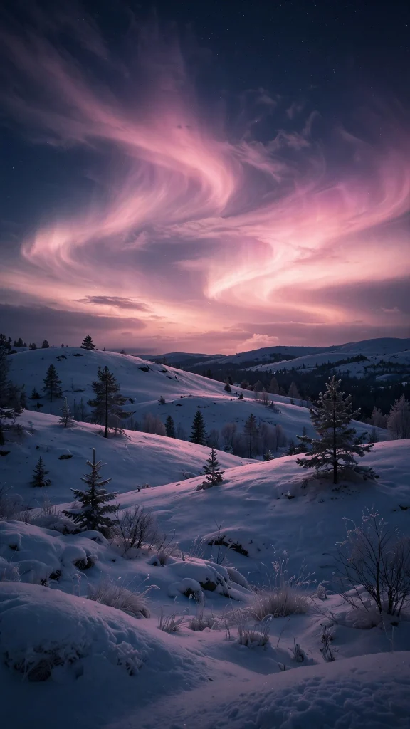 Pastel pink aurora lights over gentle snowy hills at night
