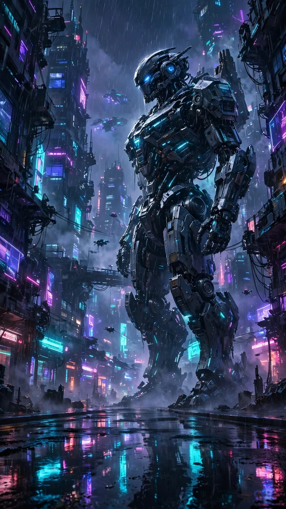 Cyberpunk city with giant robot wallpaper