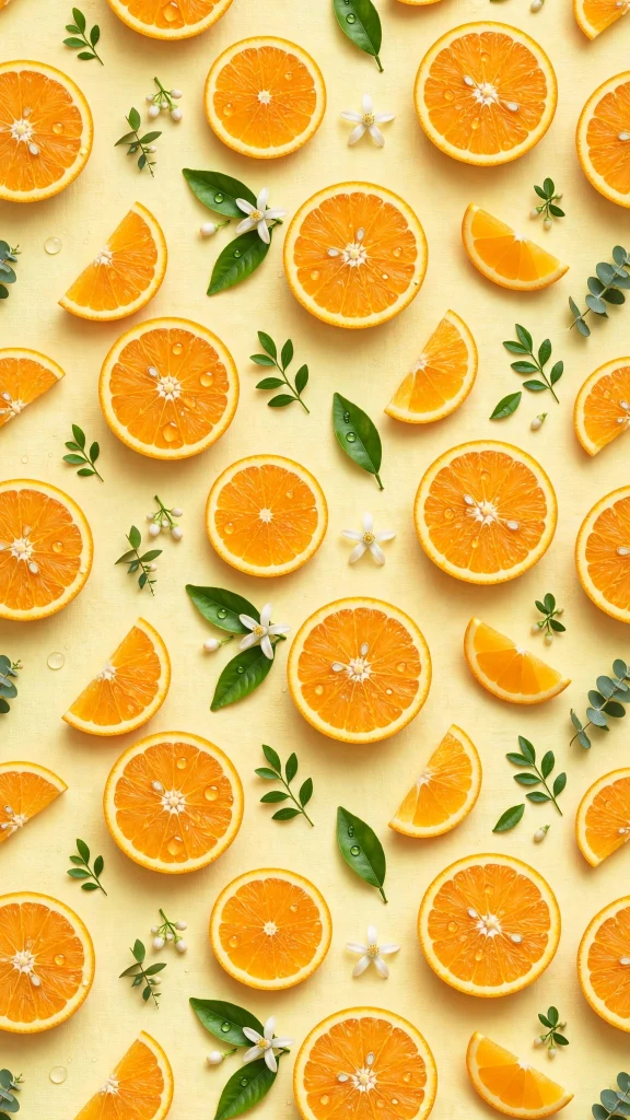 Citrus orange slices pattern on soft yellow, wallpaper aesthetic summer