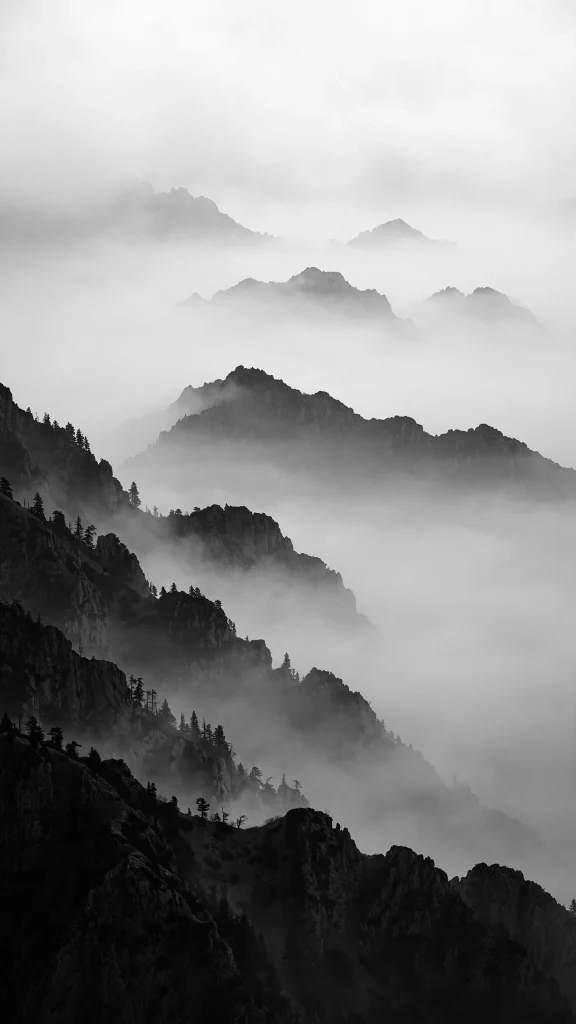 17 Wallpaper Aesthetic Black and White Ideas You'll Love 6 Misty mountain peaks wallpaper aesthetic black and white