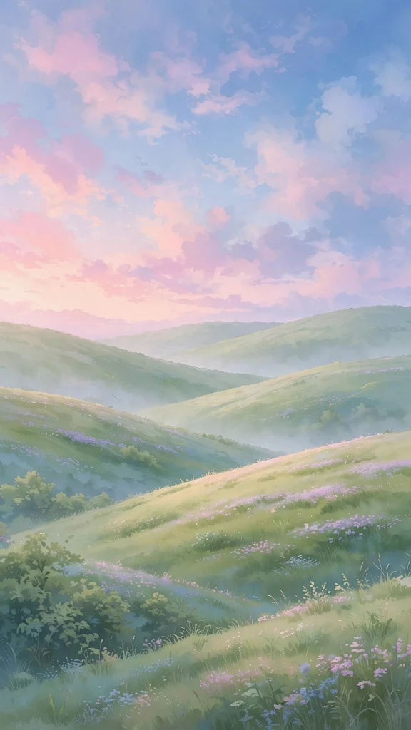pastel pink and blue sky over green hills