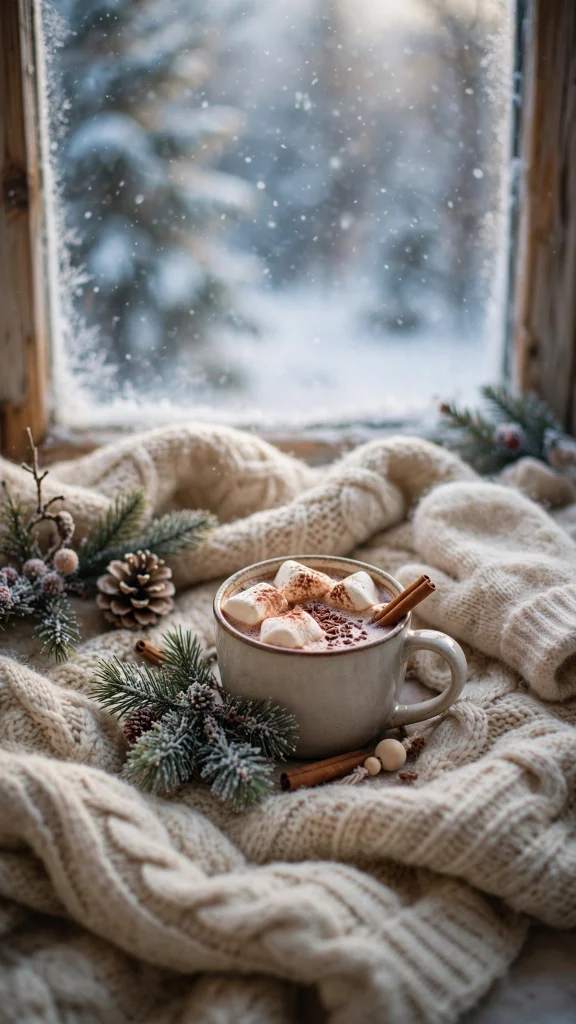 17 Wallpaper iPhone Winter Ideas for Cold Season 7 Cozy winter scene with hot cocoa and a blanket