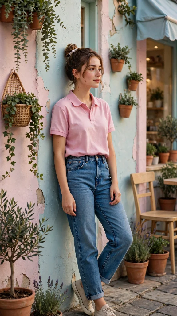17 Best Wallpaper Pink Polos for a Cute Preppy Phone 4 Pink polo with denim jeans outfit against a pastel cafe wall