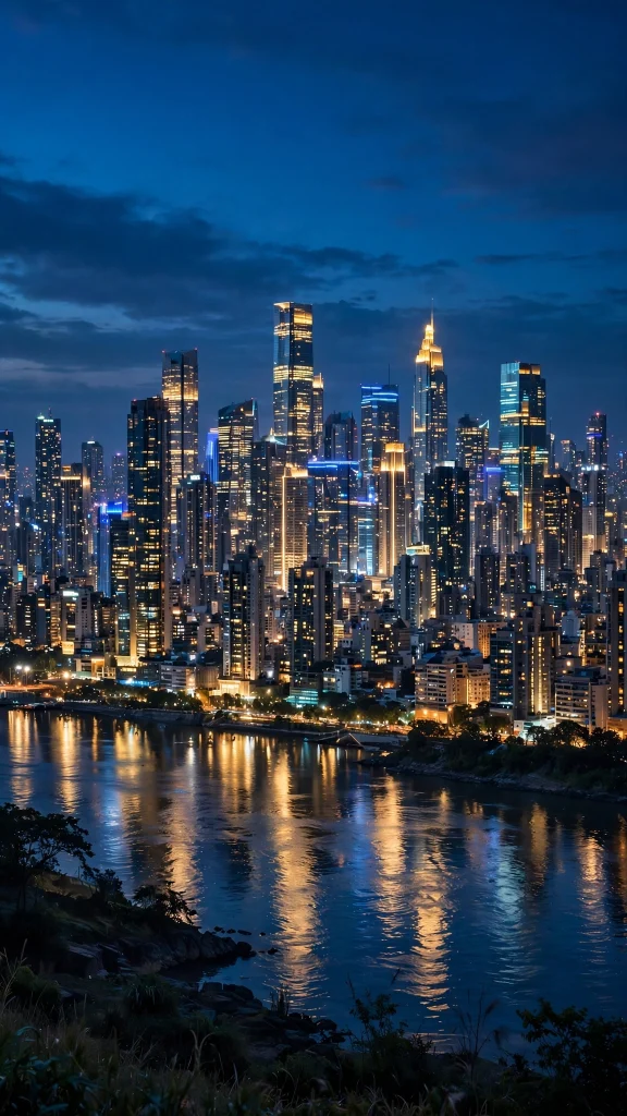 City skyline at night with glowing skyscrapers