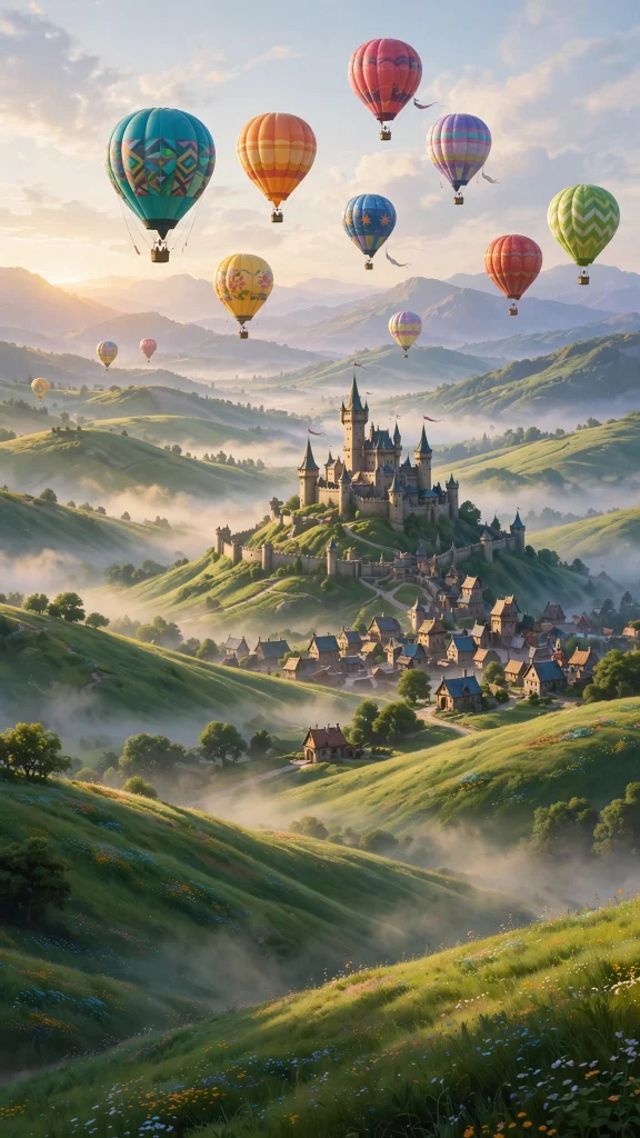 Hot air balloons drifting over a fantasy kingdom