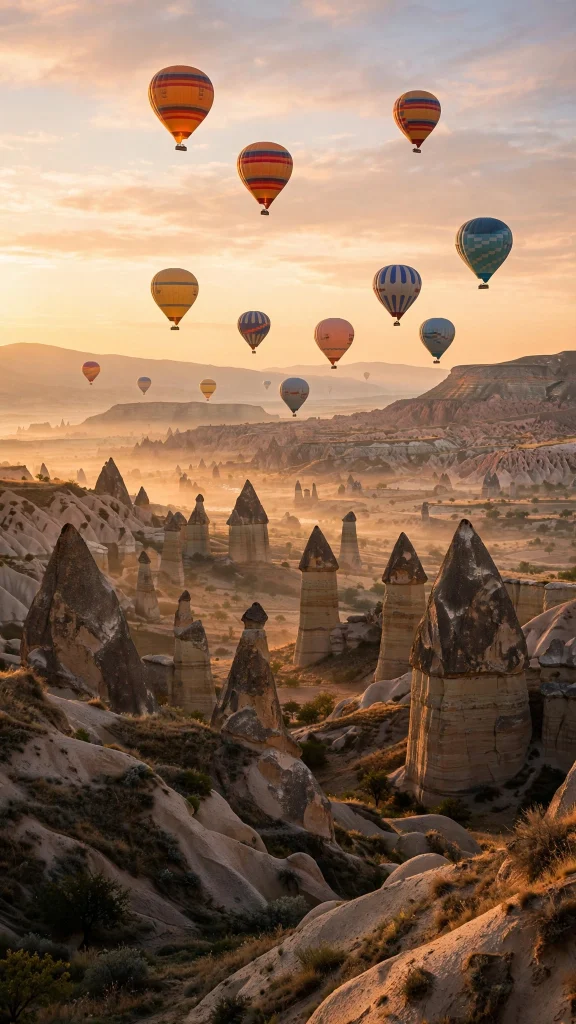 Hot air balloons over fairy chimneys at sunrise
