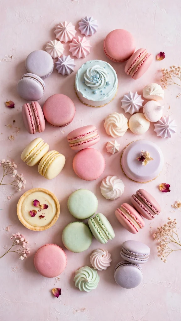 Pink macarons and pastel desserts arranged on a light pink background