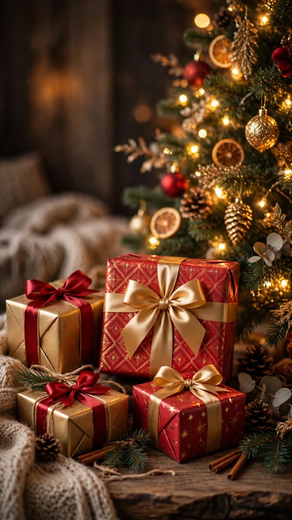17 wallpaper iphone christmas Ideas 10 Gift boxes with red and gold bows beside a tree wallpaper