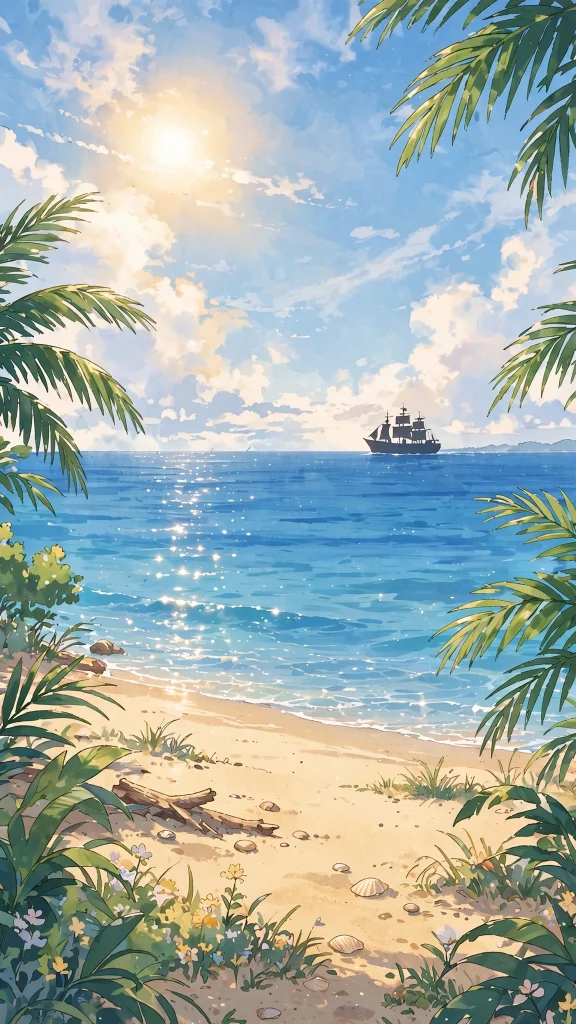anime sunny beach ship silhouette one piece wallpaper