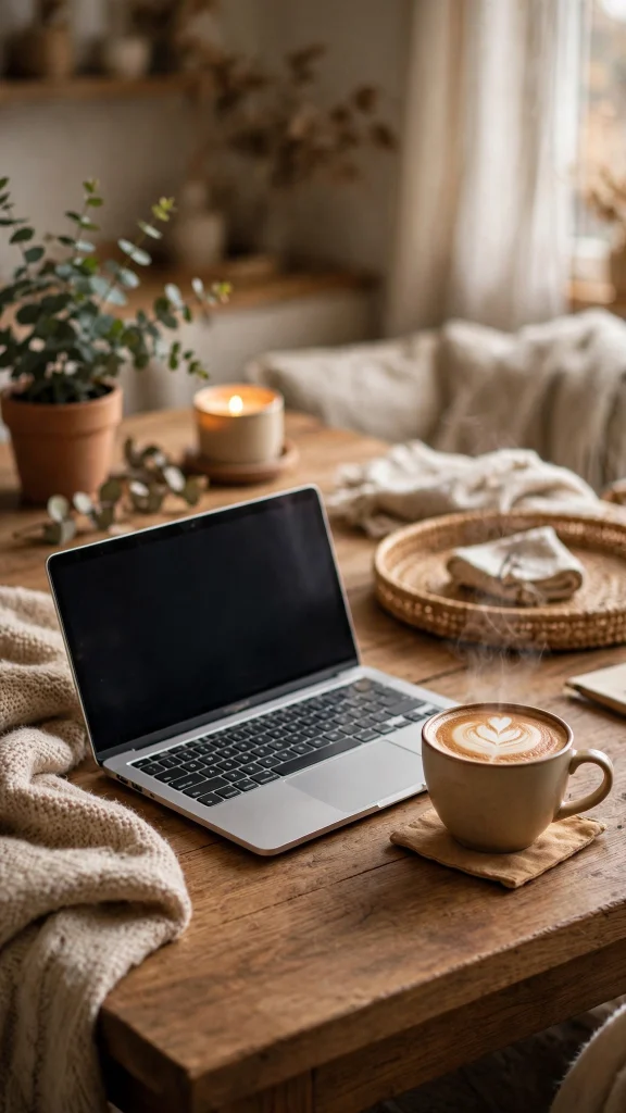 laptop coffee wooden desk cozy computer wallpaper