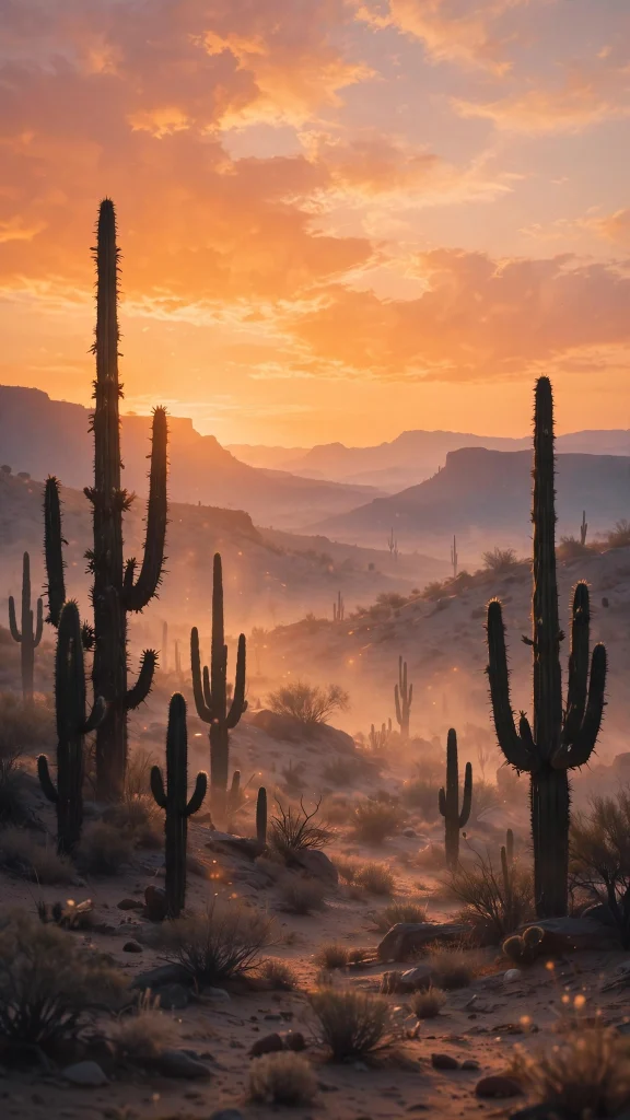 desert with cacti glowing at sunset