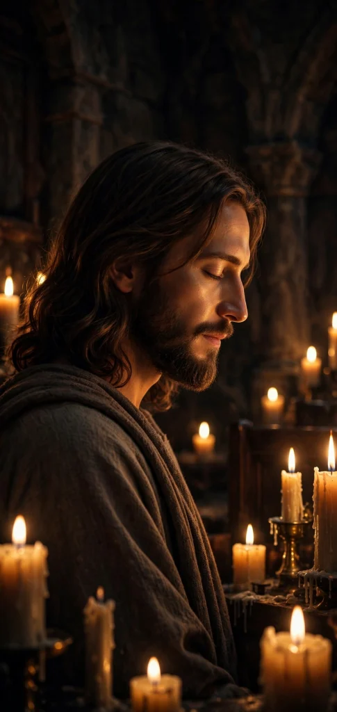 17 Wallpaper iPhone Jesus Designs to Love 4 Jesus in warm candlelight glow in a dark chapel iphone wallpaper