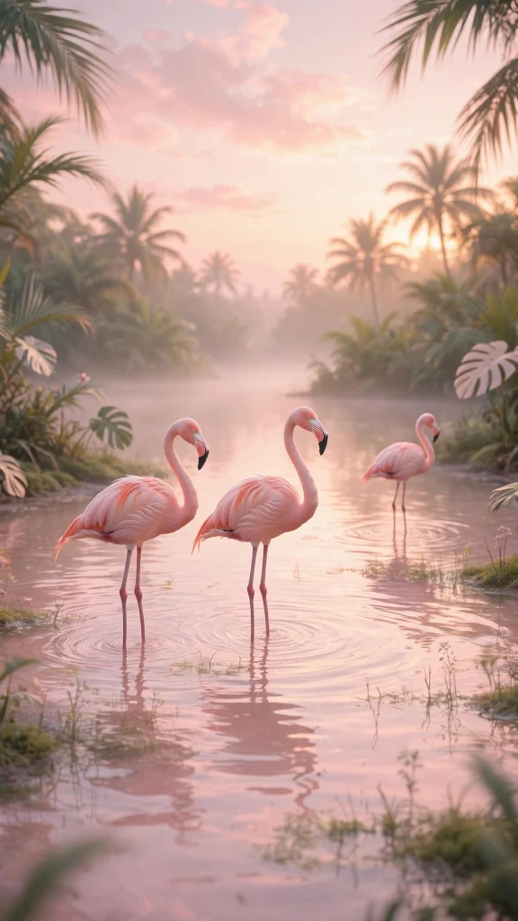 17 Wallpaper Pink Soft Aesthetic Designs You Will Love 15 Pink flamingos in a pastel lagoon at sunrise, wallpaper pink soft aesthetic