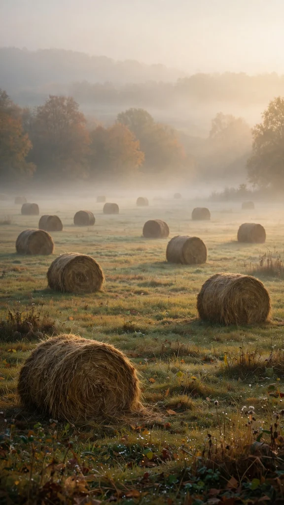17 Cozy wallpaper iphone fall Ideas for Your iPhone 12 Round hay bales scattered in a foggy autumn meadow at dawn