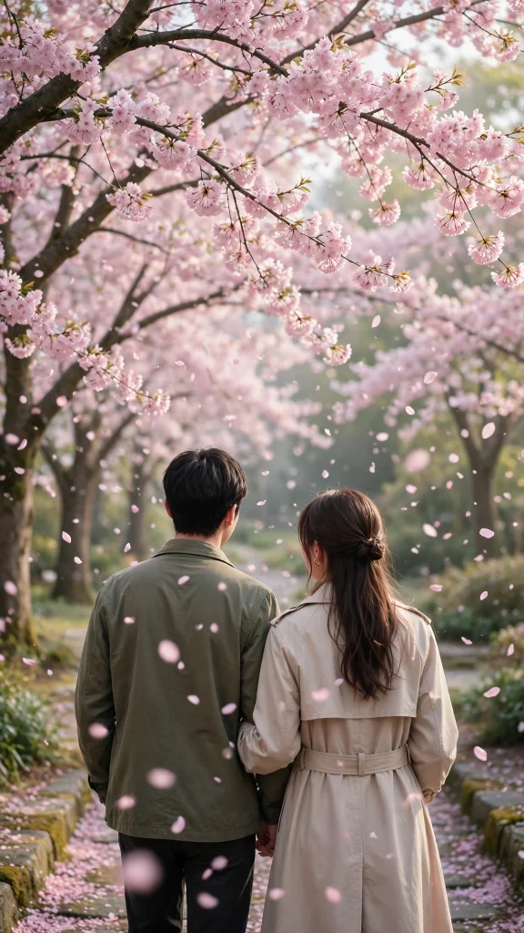 17 Best wallpaper aesthetic couple Ideas for You 13 Couple from behind walking beneath blooming cherry blossom trees, petals falling