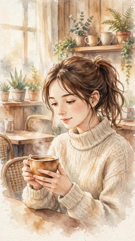 17 Best wallpaper iphone girl for Your Phone 17 Girl in a cozy cafe holding a coffee cup, soft watercolor style