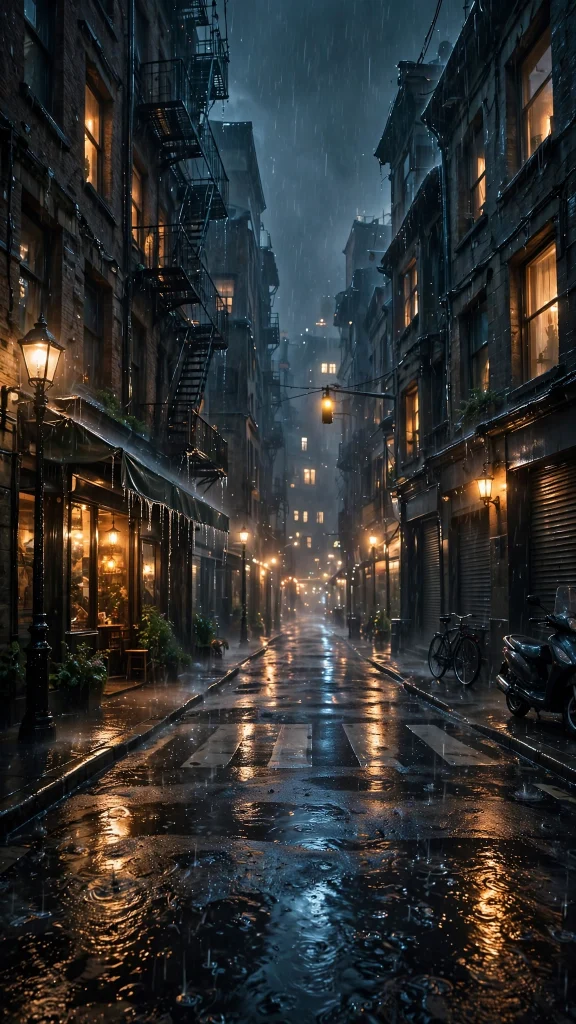 Rainy dark city street at night with glowing lights