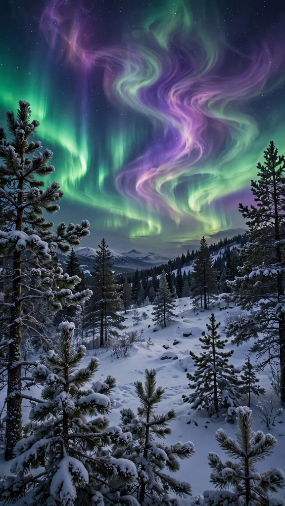 Aurora borealis dancing over snowy pines