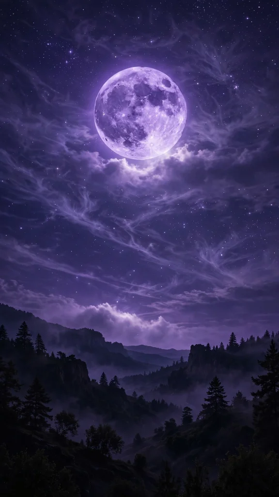 Purple full moon rising over a starry night sky