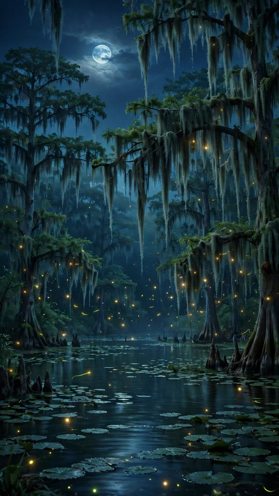 Moonlit bayou swamp with fireflies and lily pads