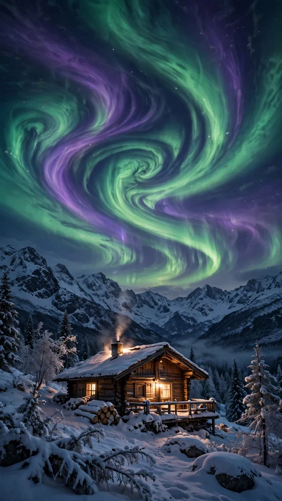Northern lights over a cabin in snowy mountains