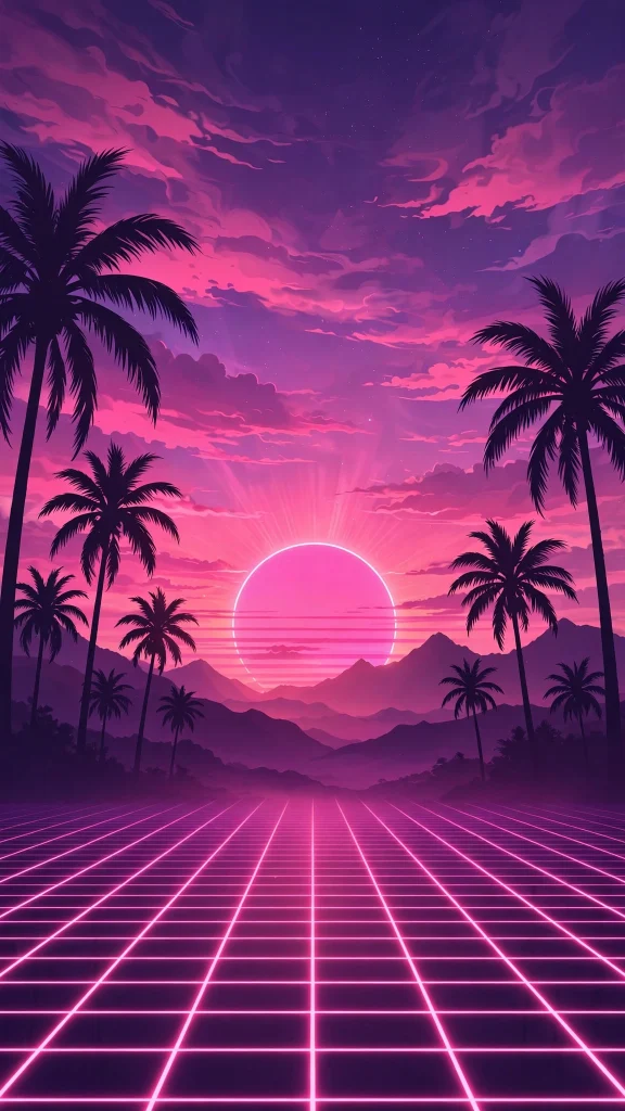 Pink retro sunset landscape with palm tree silhouettes